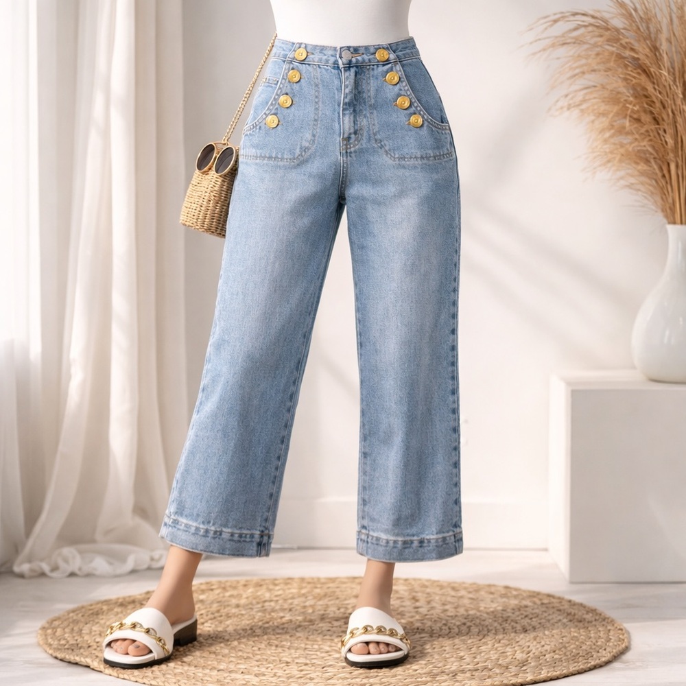 Talbots Women’s Sailor Jeans Size 6‎ High Rise Button Front Wide Leg Blue Denim